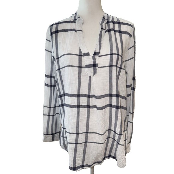 Liverpool Blue White Plaid Split Neck Long Sleeve Lightweight Blouse Size L - Picture 1 of 16